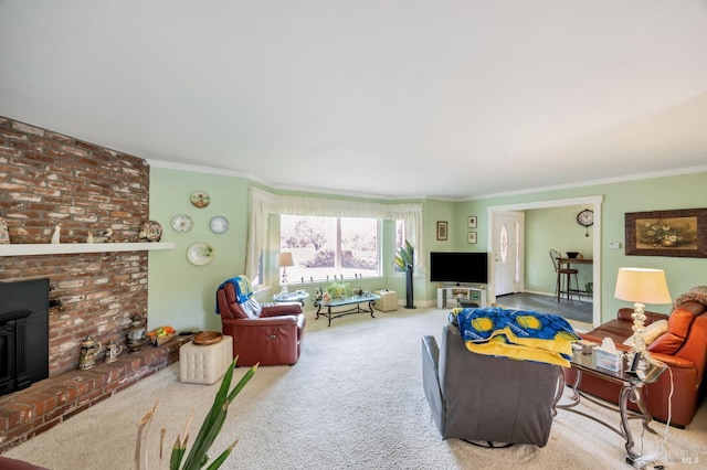 living area with carpet flooring, a wood stove, and crown molding