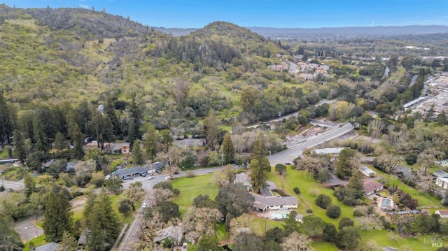 bird's eye view featuring a mountain view and a view of trees