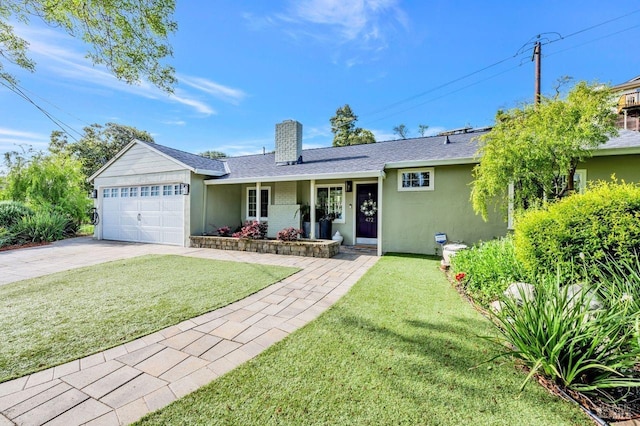 ranch-style home featuring a front yard, driveway, stucco siding, and a chimney