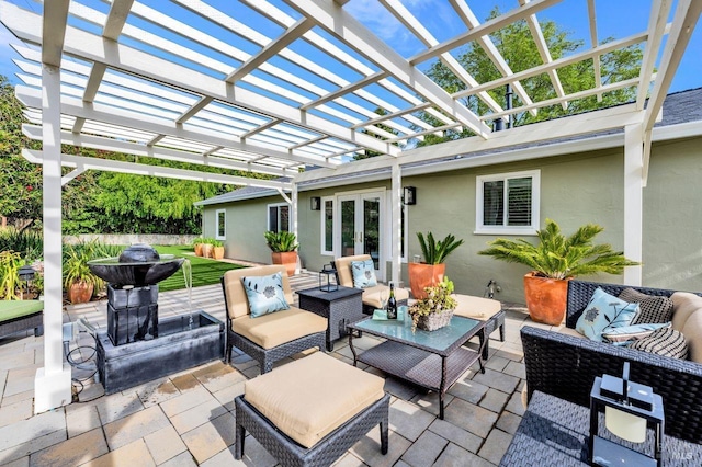 view of patio featuring french doors, an outdoor hangout area, and a pergola