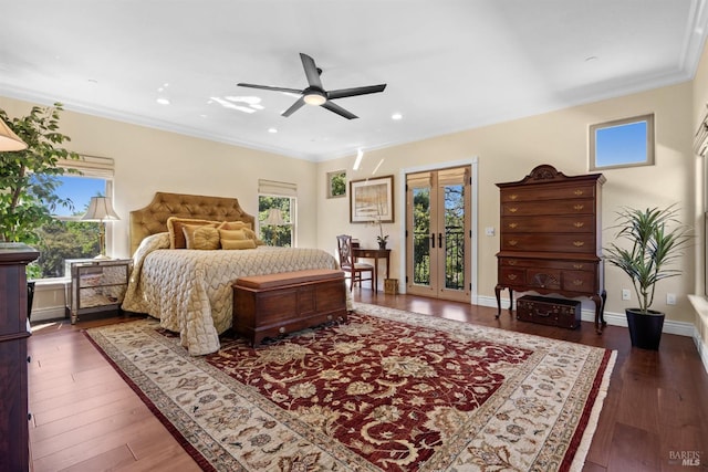 bedroom with recessed lighting, access to outside, ceiling fan, ornamental molding, and wood-type flooring