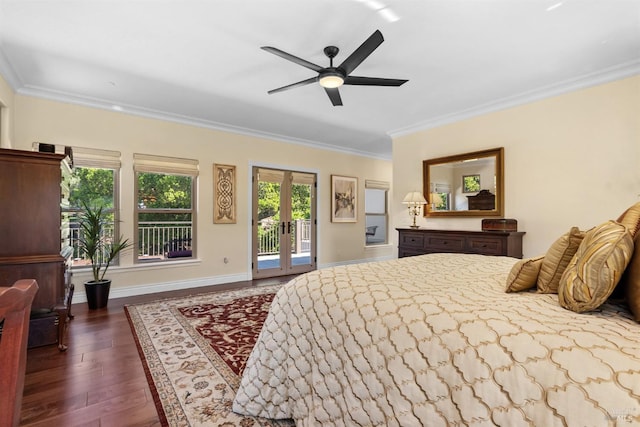 bedroom featuring crown molding, french doors, dark wood-type flooring, baseboards, and access to exterior