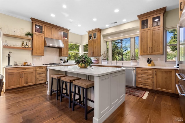 kitchen featuring stainless steel appliances, a center island, recessed lighting, decorative backsplash, and under cabinet range hood