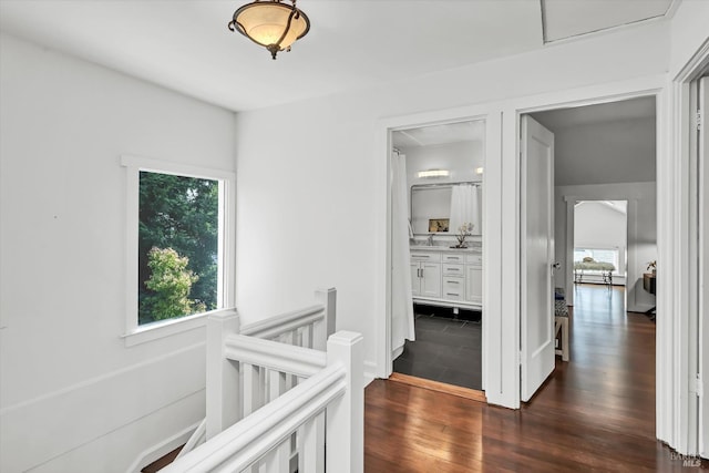 1950 Spencer St, Napa, CA 94559 - hall featuring dark wood finished floors and an upstairs landing