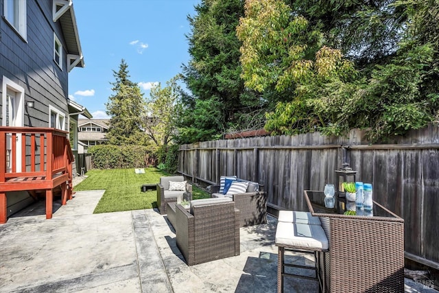 view of patio / terrace featuring an outdoor living space and a fenced backyard