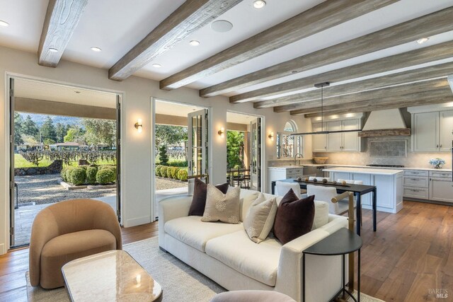 1149 Hudson Ave, Saint Helena, CA 94574 - living room with baseboards, wood finished floors, beamed ceiling, and recessed lighting