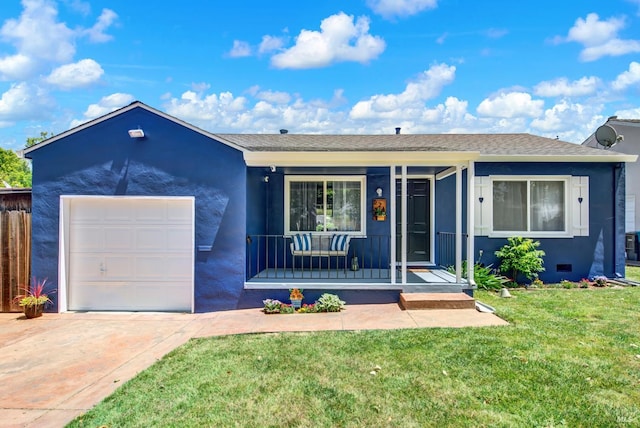 624 Annette Ave, Vallejo, CA 94591 - ranch-style home with a porch, an attached garage, concrete driveway, a shingled roof, and stucco siding