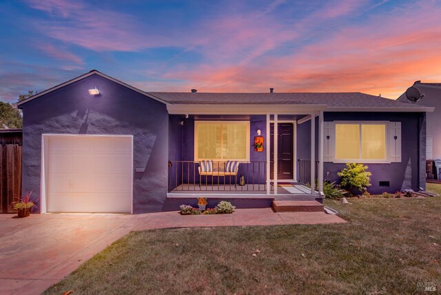 624 Annette Ave, Vallejo, CA 94591 - ranch-style home featuring an attached garage, a porch, concrete driveway, a yard, and a shingled roof