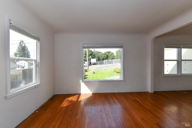 empty room with wood-type flooring, plenty of natural light, and arched walkways