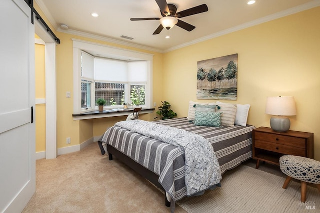 bedroom featuring recessed lighting, carpet flooring, visible vents, and ornamental molding