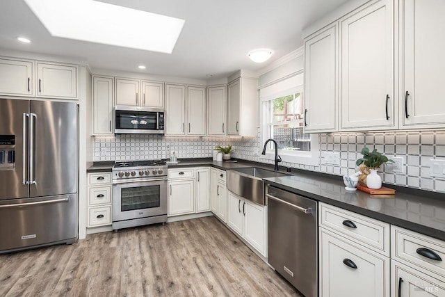 kitchen with a sink, appliances with stainless steel finishes, dark countertops, backsplash, and light wood-style flooring