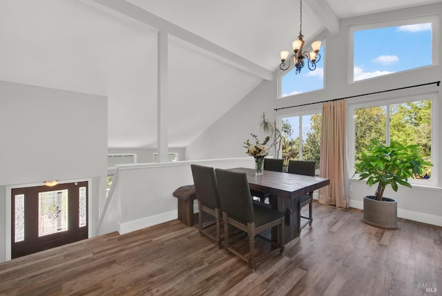 280 Park St, Concord, CA 94520 - dining area with beam ceiling, a chandelier, wood finished floors, high vaulted ceiling, and baseboards