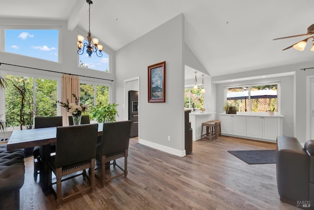 280 Park St, Concord, CA 94520 - dining room featuring high vaulted ceiling, beamed ceiling, wood finished floors, baseboards, and a chandelier
