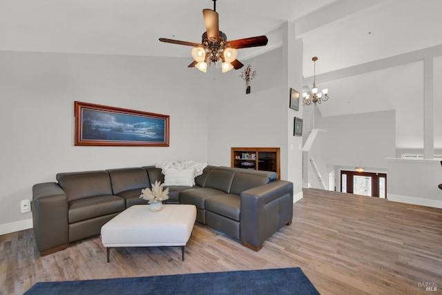 280 Park St, Concord, CA 94520 - living area featuring ceiling fan, wood finished floors, high vaulted ceiling, baseboards, and a chandelier