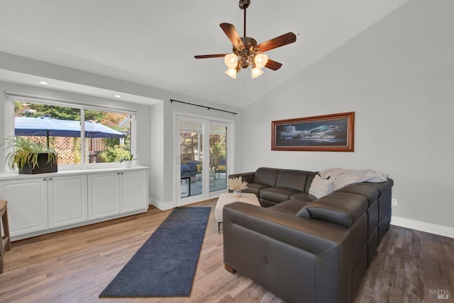280 Park St, Concord, CA 94520 - living room featuring vaulted ceiling, light wood finished floors, a ceiling fan, baseboards, and recessed lighting