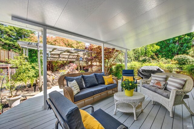 280 Park St, Concord, CA 94520 - wooden deck with an outdoor hangout area, a pergola, grilling area, and fence