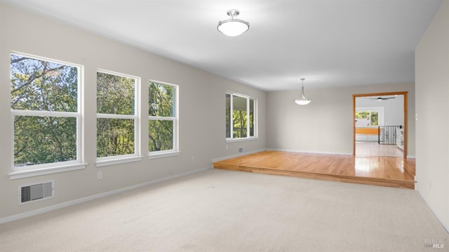 spare room featuring visible vents, carpet, and a healthy amount of sunlight