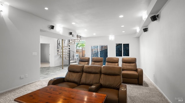 cinema featuring baseboards, recessed lighting, and light carpet
