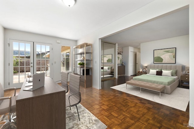 bedroom featuring french doors, access to outside, and a closet