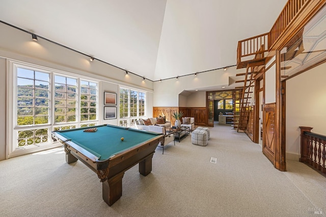 playroom featuring carpet floors, rail lighting, wainscoting, and pool table