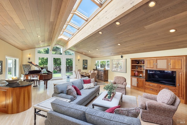 living area with lofted ceiling, light wood-style flooring, recessed lighting, and wood ceiling