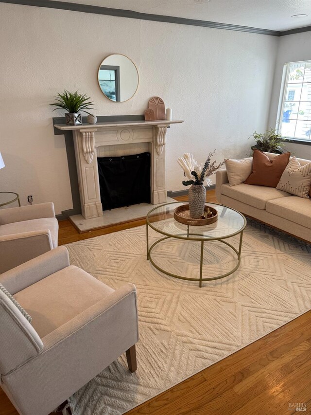 living room with a fireplace with raised hearth, wood finished floors, and crown molding