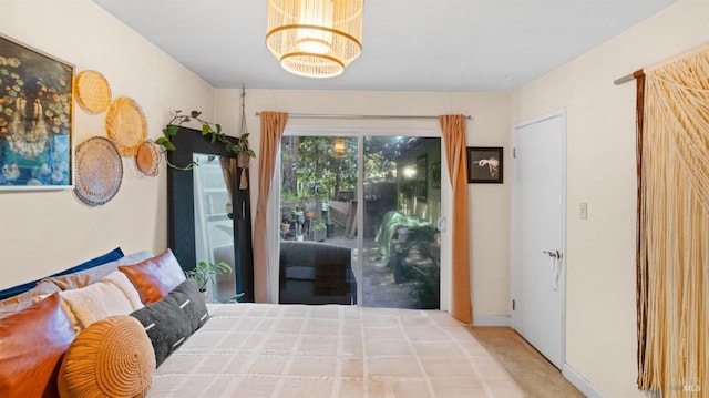 317 Olema Rd, Fairfax, CA 94930 - carpeted bedroom featuring access to exterior and a chandelier