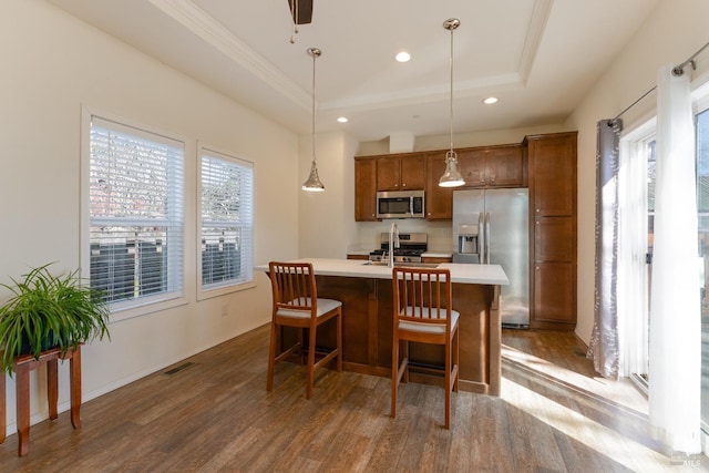kitchen with a raised ceiling, dark wood-style flooring, stainless steel appliances, visible vents, and a healthy amount of sunlight