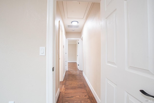 308 Central Ave, Vallejo, CA 94590 - corridor with visible vents, baseboards, dark wood finished floors, and attic access