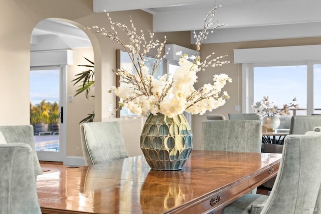 dining room featuring arched walkways
