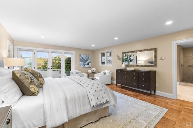 bedroom with baseboards, access to outside, french doors, and recessed lighting