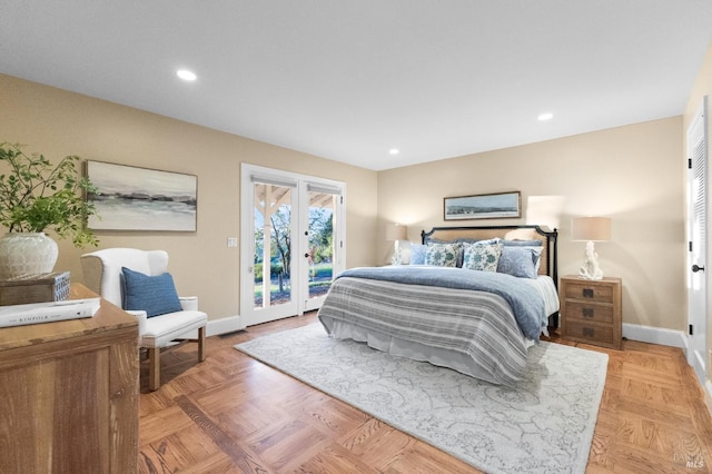bedroom with french doors, baseboards, access to exterior, and recessed lighting