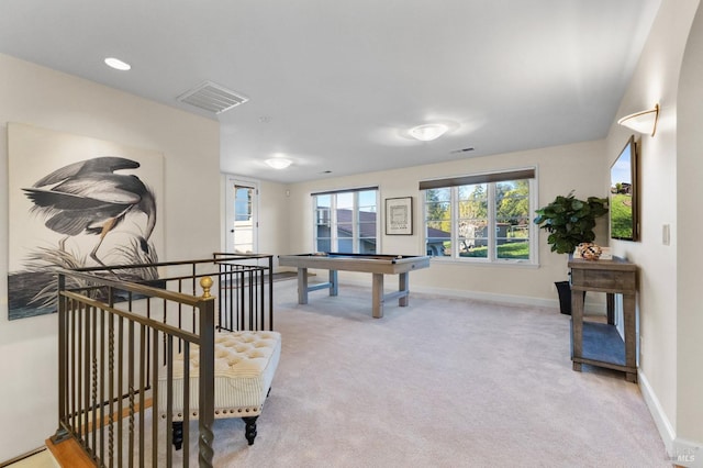 game room featuring light carpet, baseboards, visible vents, and billiards