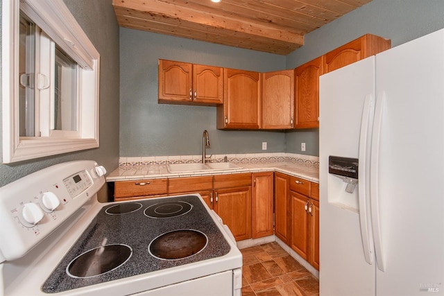 kitchen featuring light countertops, a sink, wood ceiling, and white appliances