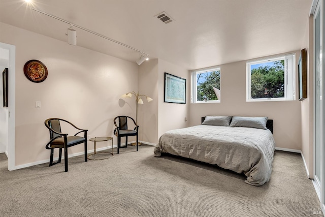 bedroom featuring baseboards, track lighting, visible vents, and carpet floors