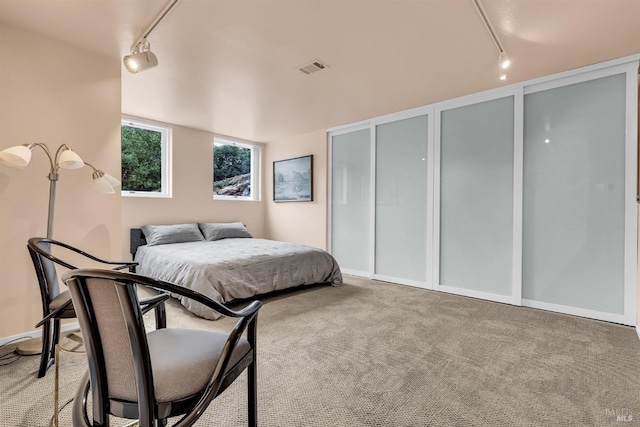 carpeted bedroom featuring rail lighting, multiple closets, and visible vents