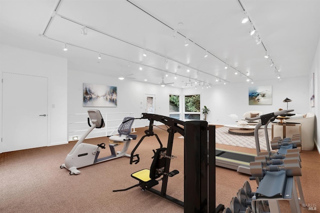 workout room featuring rail lighting
