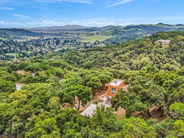 birds eye view of property with a mountain view and a view of trees