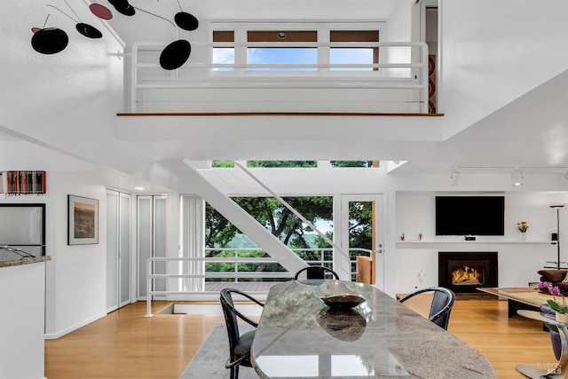 dining area featuring wood finished floors, rail lighting, a lit fireplace, and a healthy amount of sunlight