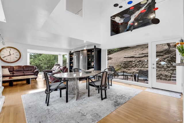 dining room with wood finished floors and a high ceiling