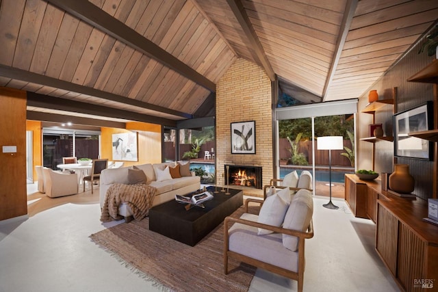 living room featuring lofted ceiling with beams, wood ceiling, and a brick fireplace
