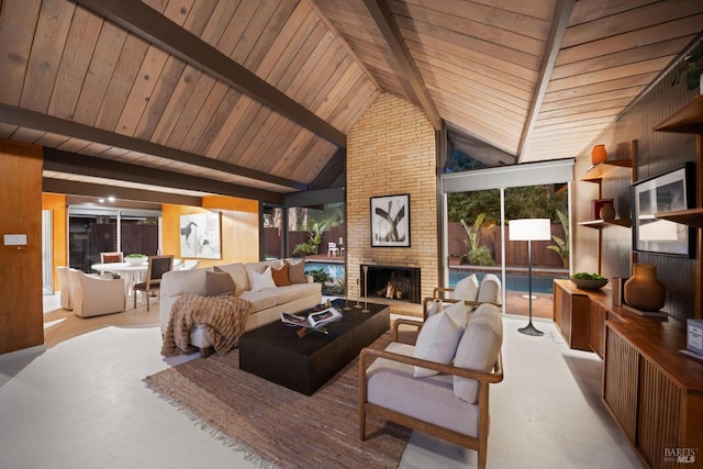 living area featuring wooden ceiling, vaulted ceiling with beams, and a fireplace