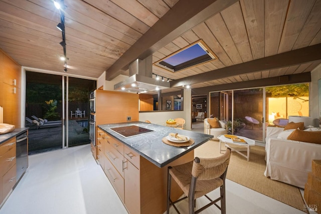 kitchen with black electric cooktop, island exhaust hood, wood ceiling, beamed ceiling, and dishwasher
