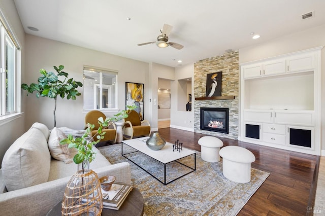5232 Sunridge Dr, Fairfield, CA 94534 - living area featuring visible vents, a ceiling fan, a fireplace, dark wood-style floors, and recessed lighting