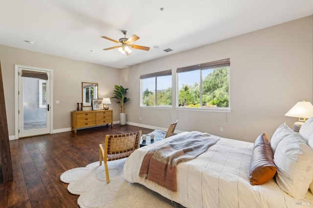 5232 Sunridge Dr, Fairfield, CA 94534 - bedroom featuring visible vents, baseboards, a ceiling fan, and hardwood / wood-style flooring