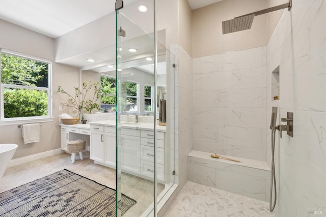 5232 Sunridge Dr, Fairfield, CA 94534 - bathroom featuring vanity, a soaking tub, recessed lighting, a marble finish shower, and visible vents