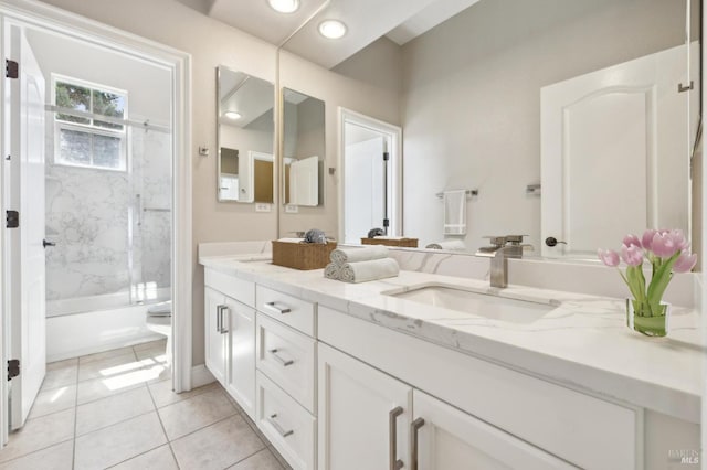 5232 Sunridge Dr, Fairfield, CA 94534 - full bathroom with bathtub / shower combination, recessed lighting, a sink, tile patterned floors, and double vanity