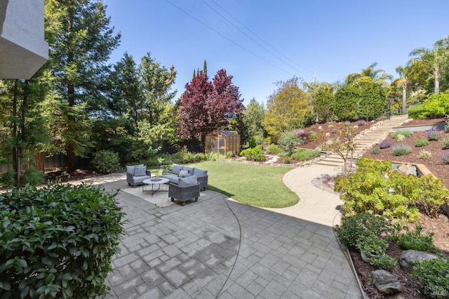 5232 Sunridge Dr, Fairfield, CA 94534 - view of patio featuring an outbuilding, a fenced backyard, a greenhouse, and an outdoor hangout area