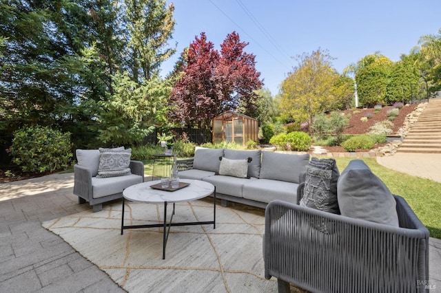 5232 Sunridge Dr, Fairfield, CA 94534 - view of patio with outdoor lounge area, an outbuilding, and a greenhouse