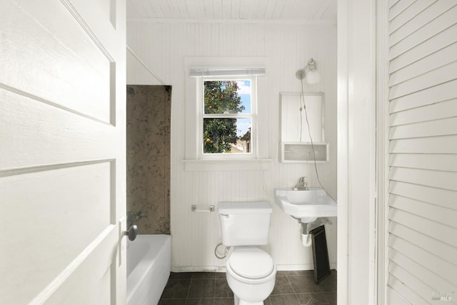 bathroom featuring toilet, a shower, tile patterned flooring, and a bathing tub